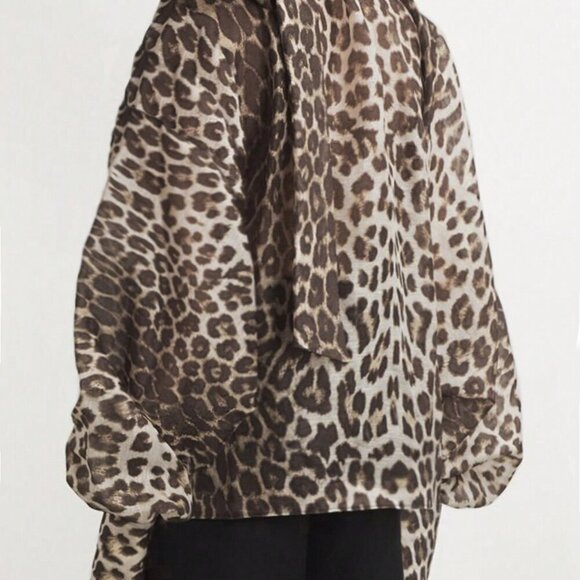 Multicolor Casual Women's Leopard Print Tie Neck Long Sleeve Loose Shirt - Picture 2 of 3